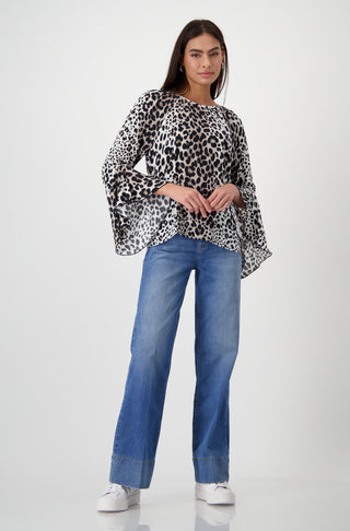 Monari Brown Animal Print Blouse with Flounce Sleeves - MMJs Fashion
