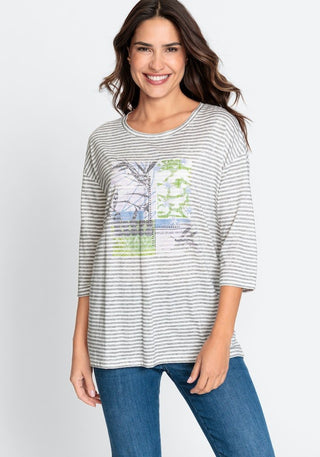 Olsen Silver Grey Stripe Placement Print Top - MMJs Fashion