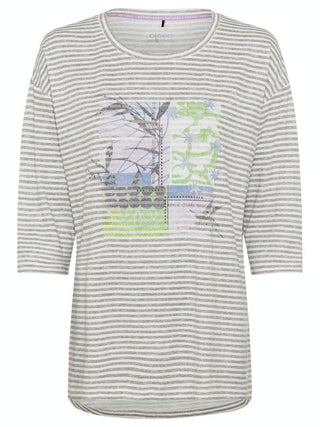 Olsen Silver Grey Stripe Placement Print Top - MMJs Fashion