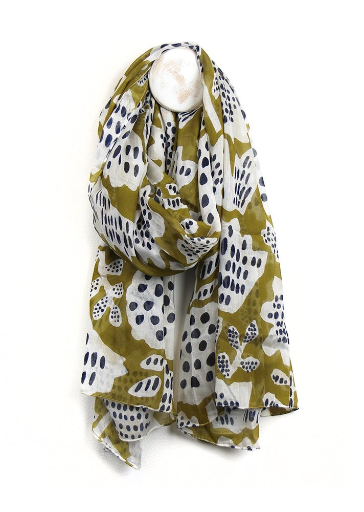 POM Organic Cotton Olive Green Abstract Tulip Print Scarf